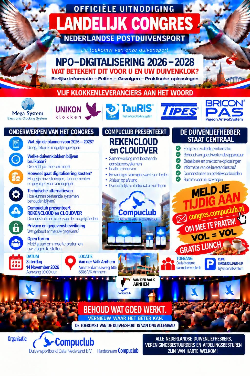 Flyer van het Landelijk Congres Nederlandse Postduivensport